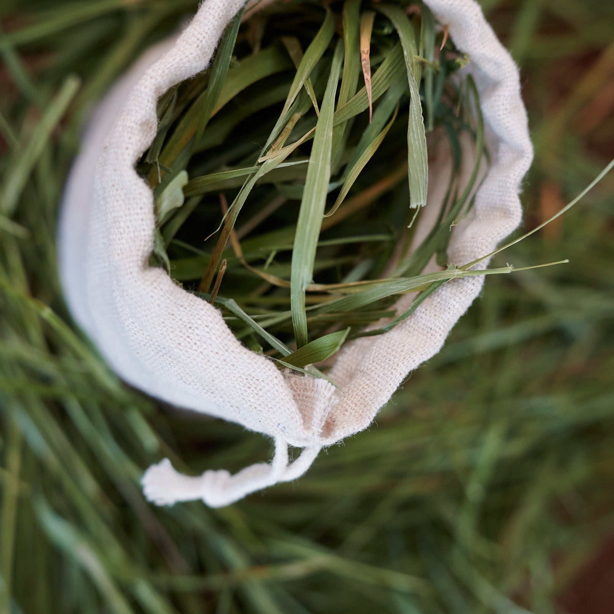 Offener Stoffbeutel mit losem Sweetgrass – naturbelassenes Räucherwerk mit weichem, süßem Duft