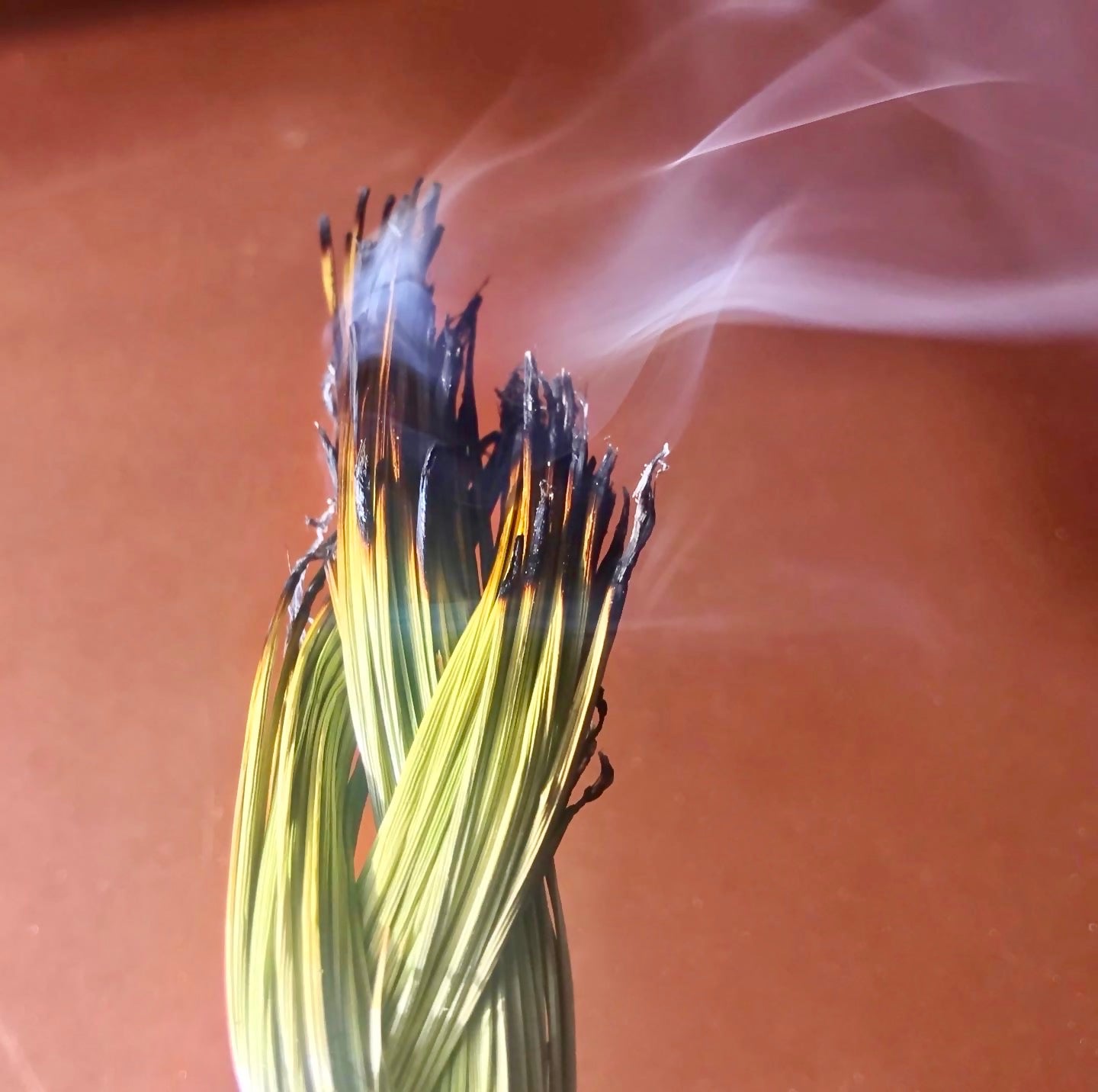 Sweetgrass Zopf beim Räuchern – sanfter Rauch für ruhige, verbindende Energie im Raum
